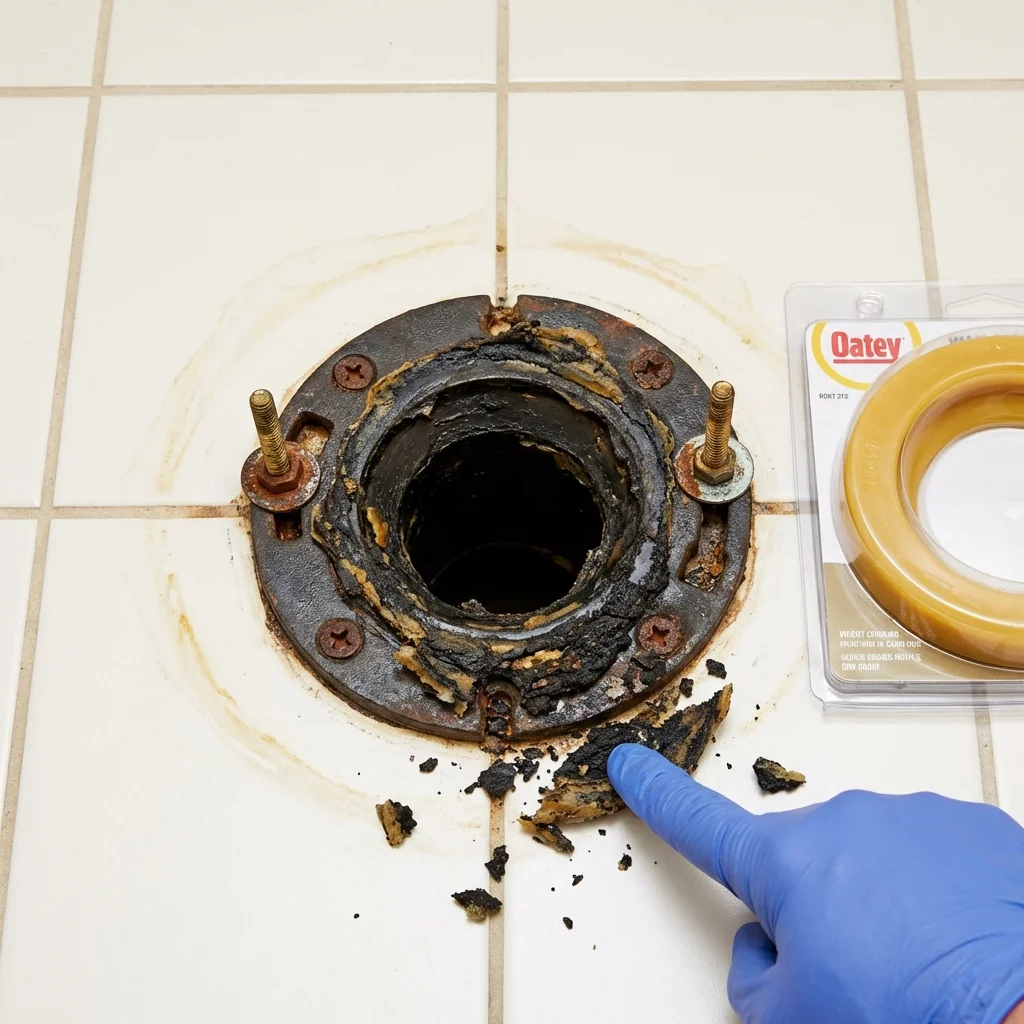 Failed wax ring showing water seepage at the base of a toilet in a Lakeview, MI home