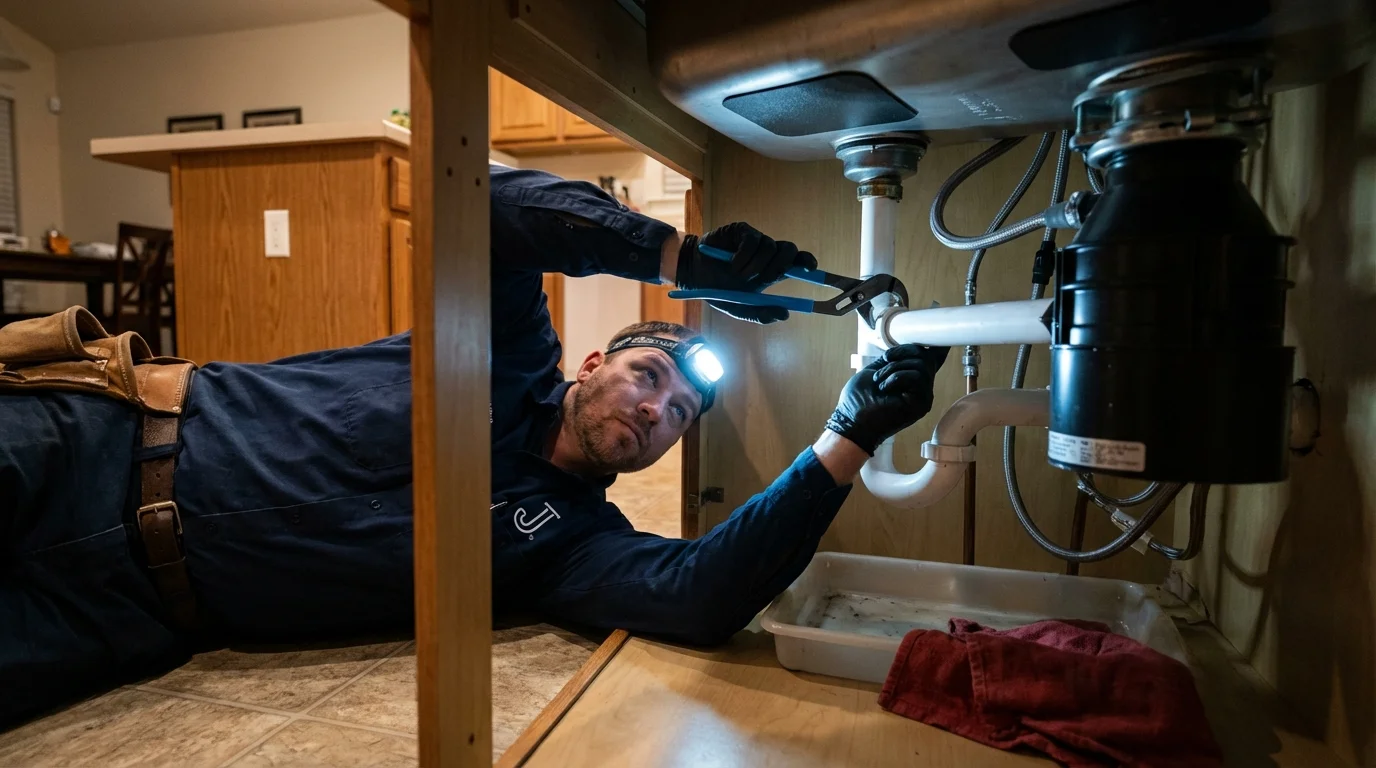 P-trap and supply line connections under a kitchen sink showing a common leak point in Lakeview, MI